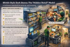 How 10–15 Minute Delivery Actually Works: From Blinkit Dark Store to Doorstep 1 Inside a Blinkit-style dark store showing optimized shelves, barcode scanning, packing stations, and dispatch area for fast grocery fulfillment