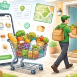 Illustration of a grocery delivery app workflow showing mobile cart checkout, fresh groceries in a shopping cart, and a delivery driver handing bags to a customer at the doorstep Instacart Clone .
