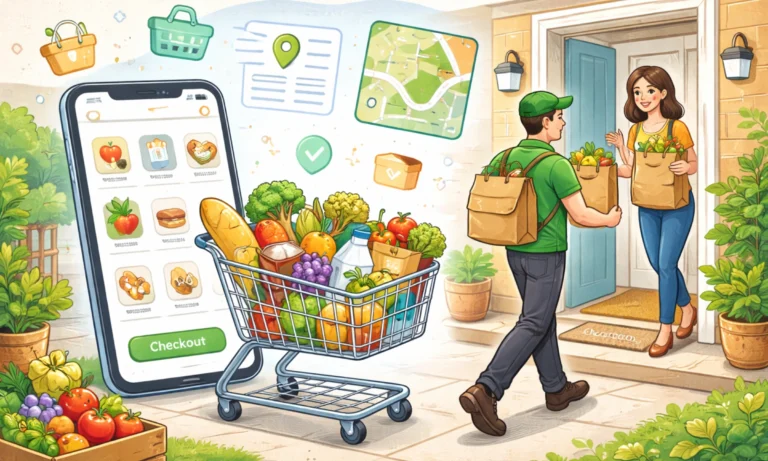 Illustration of a grocery delivery app workflow showing mobile cart checkout, fresh groceries in a shopping cart, and a delivery driver handing bags to a customer at the doorstep Instacart Clone .