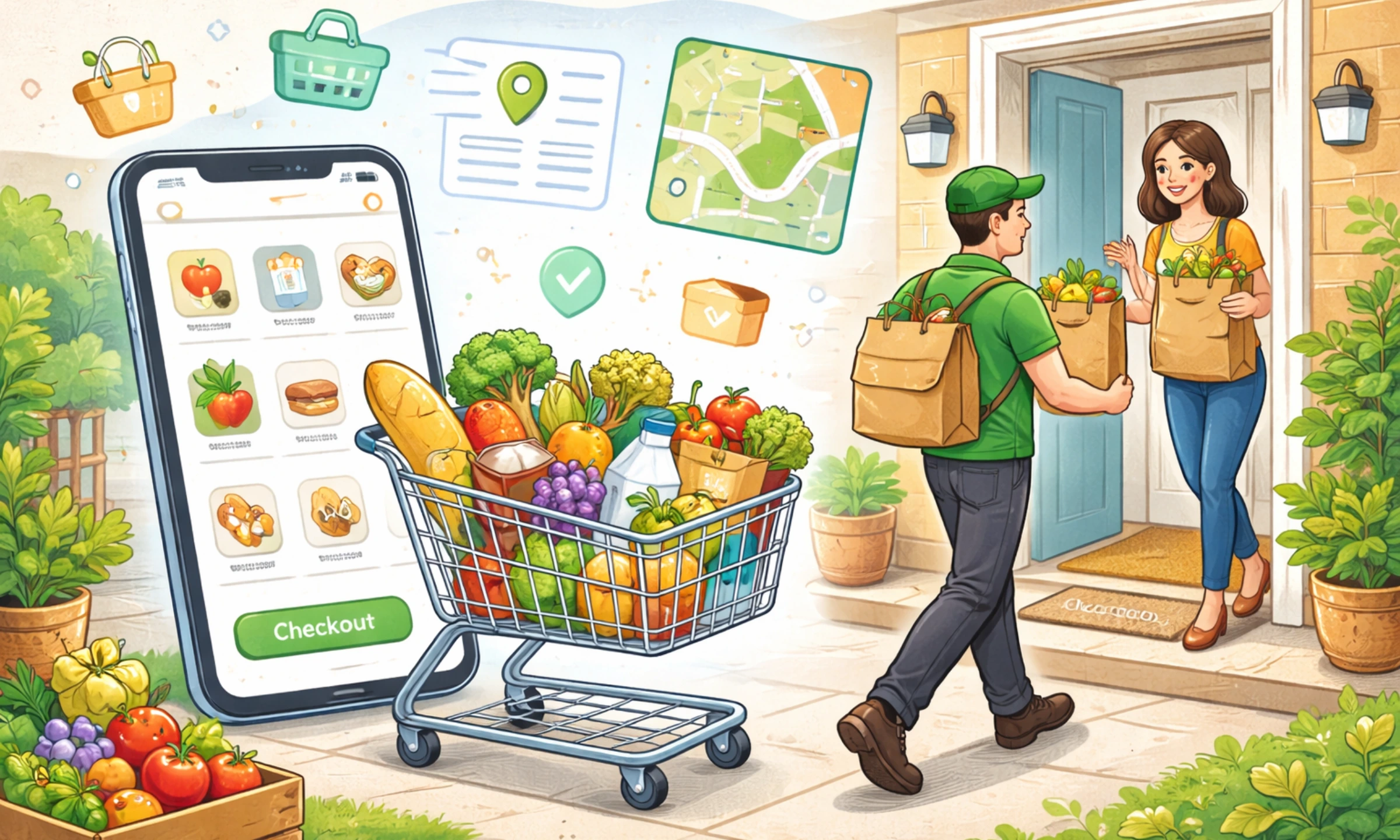Illustration of a grocery delivery app workflow showing mobile cart checkout, fresh groceries in a shopping cart, and a delivery driver handing bags to a customer at the doorstep Instacart Clone .