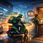 A fast grocery delivery rider leaving a dark store and delivering an order to a customer within 10–15 minutes in a modern city