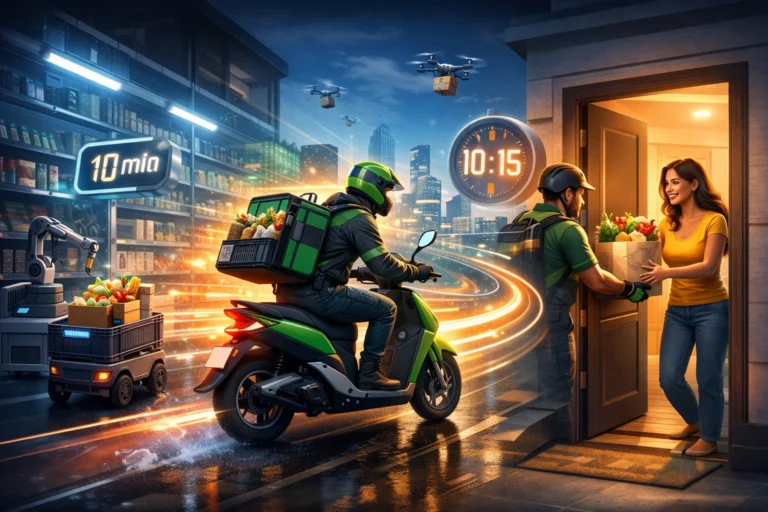 A fast grocery delivery rider leaving a dark store and delivering an order to a customer within 10–15 minutes in a modern city