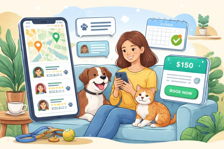 Illustration of a pet owner booking a sitter on the Rover app with dog and cat beside her, showing search results, calendar selection, and booking confirmation process.
