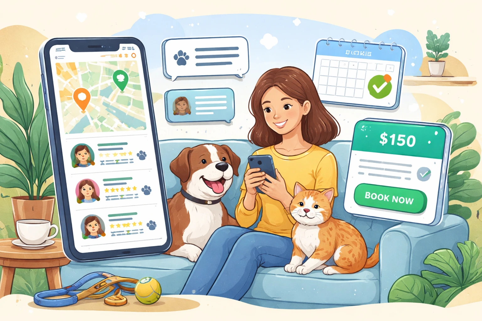 Illustration of a pet owner booking a sitter on the Rover app with dog and cat beside her, showing search results, calendar selection, and booking confirmation process.