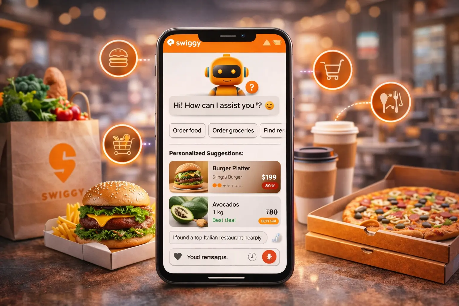 Swiggy AI chat feature for food, grocery, and dining services.