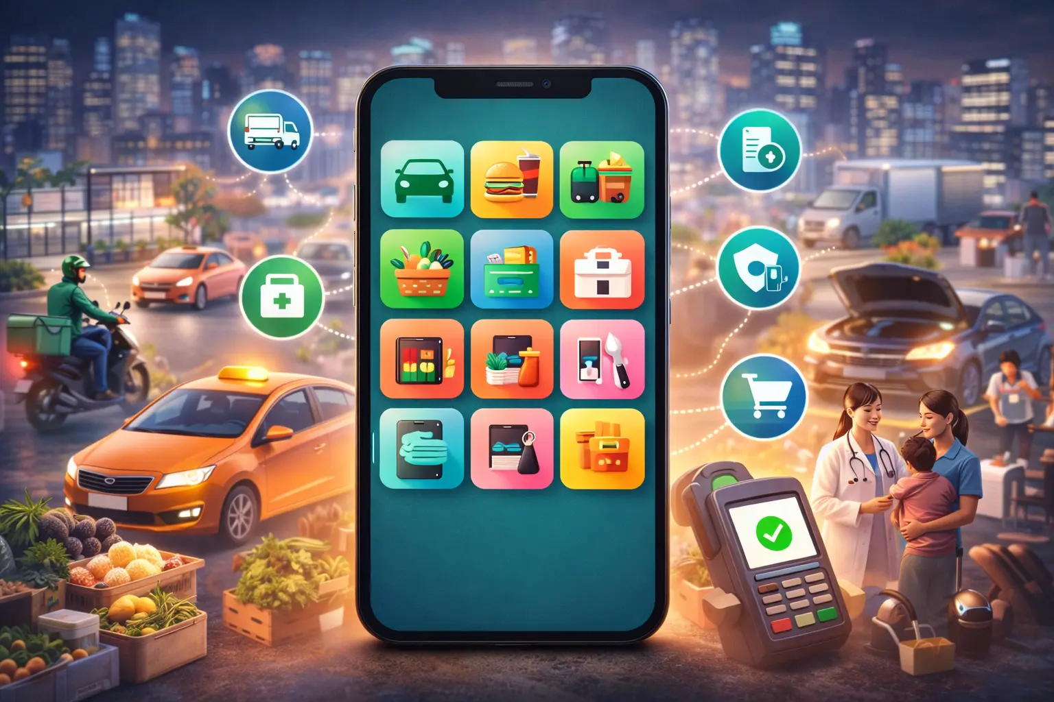 Gojek clone super app interface showing ride-hailing, food delivery, grocery, healthcare, and payment services managed within one platform.