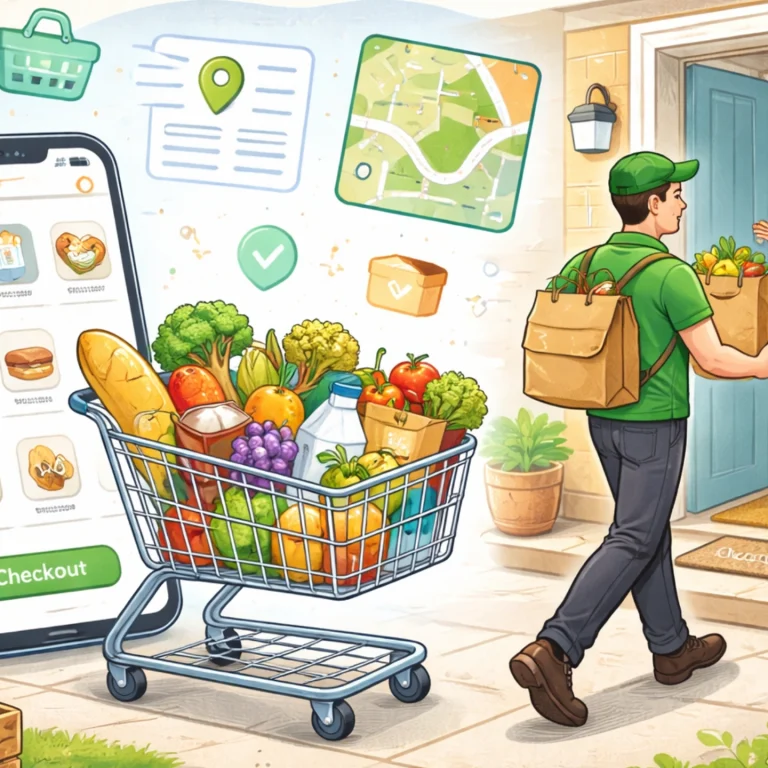Illustration of a grocery delivery app workflow showing mobile cart checkout, fresh groceries in a shopping cart, and a delivery driver handing bags to a customer at the doorstep Instacart Clone .