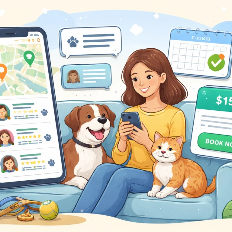 Illustration of a pet owner booking a sitter on the Rover app with dog and cat beside her, showing search results, calendar selection, and booking confirmation process.